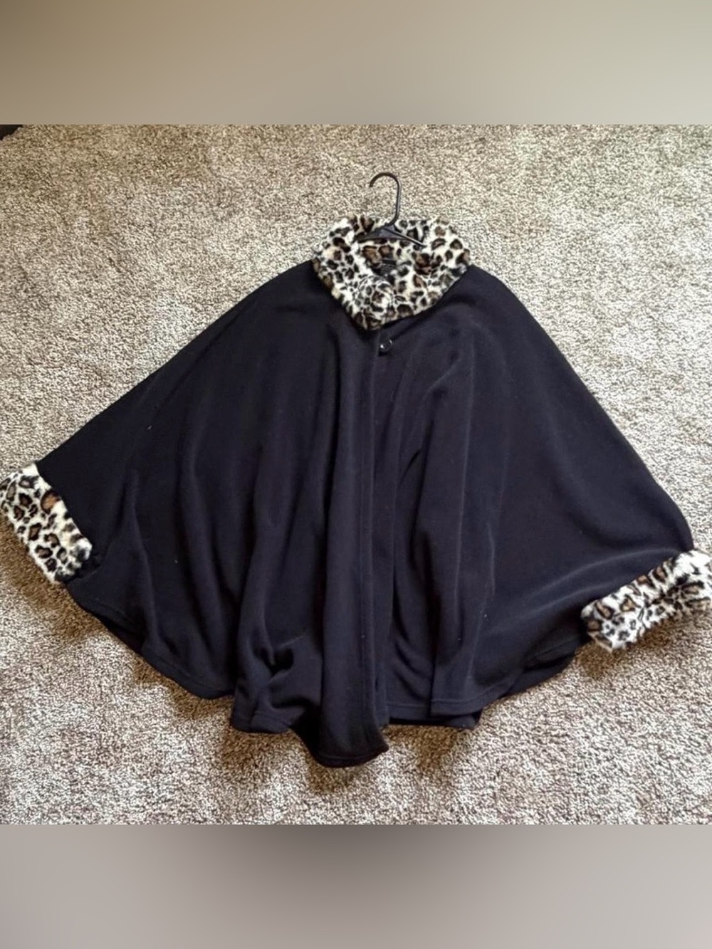 Cejon Lux Romantic Fleece Leopard Whimisigoth Fur Trim Cape Poncho Coat Black L